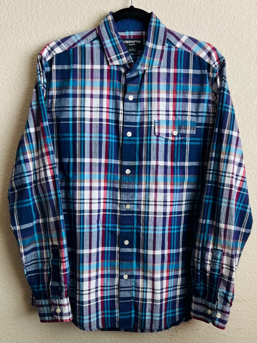 Claiborne Men's Long Sleeve Slim Fit Plaid Button Down Shirt